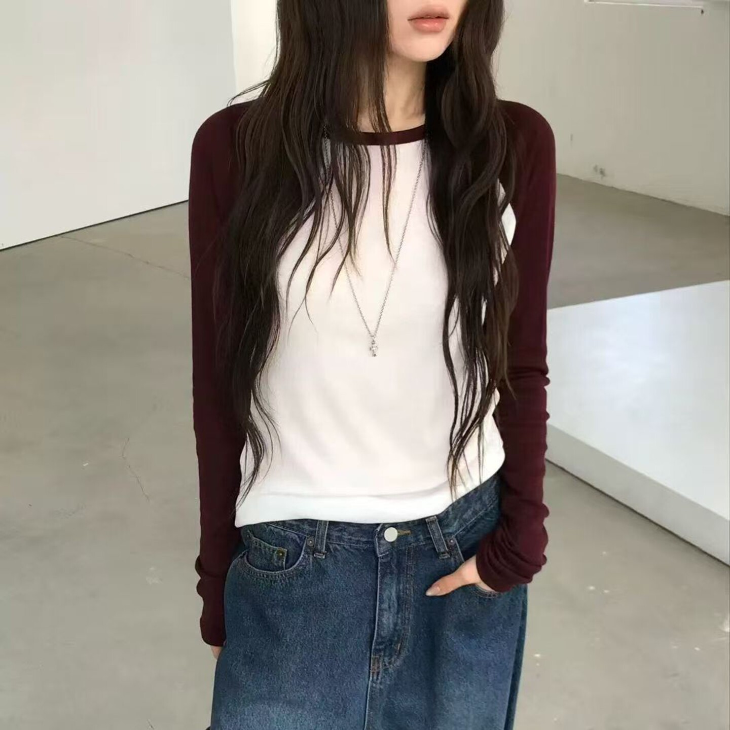 长袖简约韩国代购撞色袖T恤女
