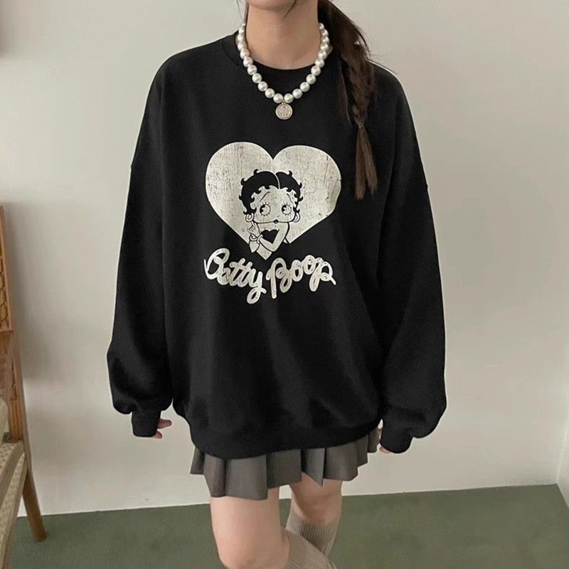 韩国代购秋季宽松棉百搭印花卫衣