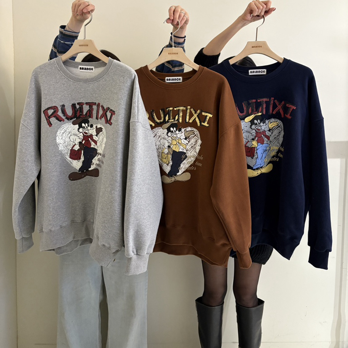 韩国代购宽松卡通印花加绒卫衣女