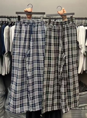 现韩国东大门代购Credito2025夏季款抽绳松紧腰格子阔腿休闲裤女