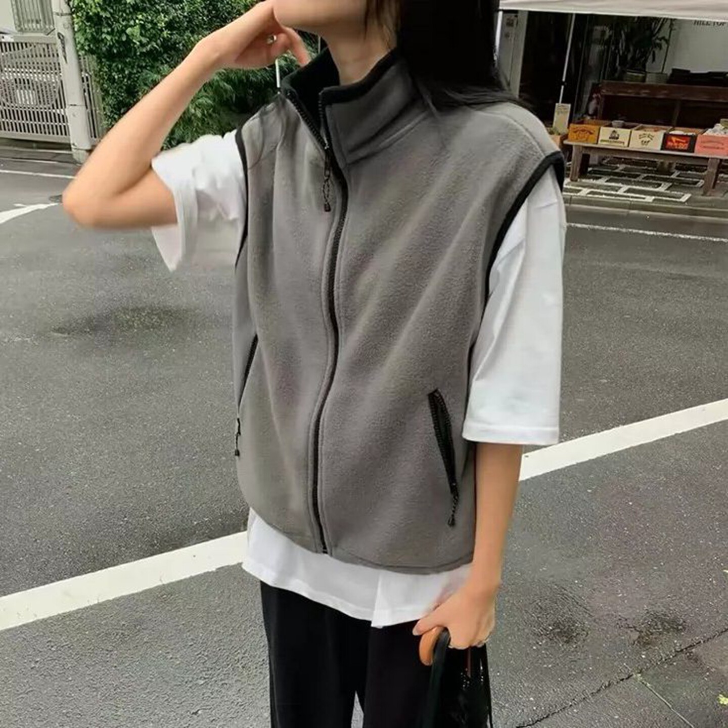 韩国女装拉链立领纯色马甲背心