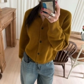 现韩国东大门代购 开衫 Tug2025秋冬时尚 简约系扣羊毛浣熊绒针织衫