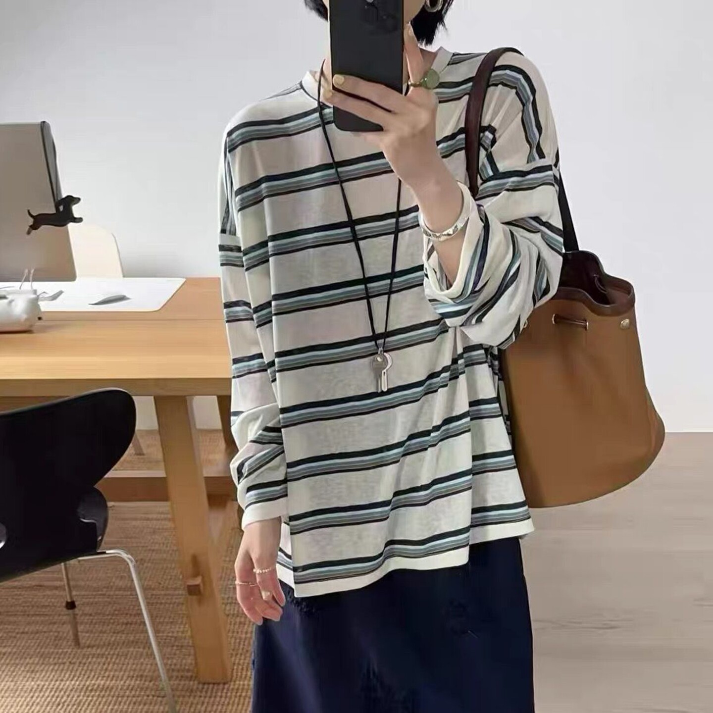 长袖休闲宽松韩国代购条纹T恤女