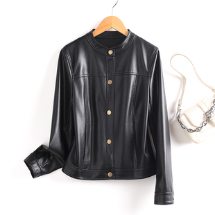 2025海宁真皮绵羊皮复古潮流立领皮夹克外套短款 皮衣女百搭单排口