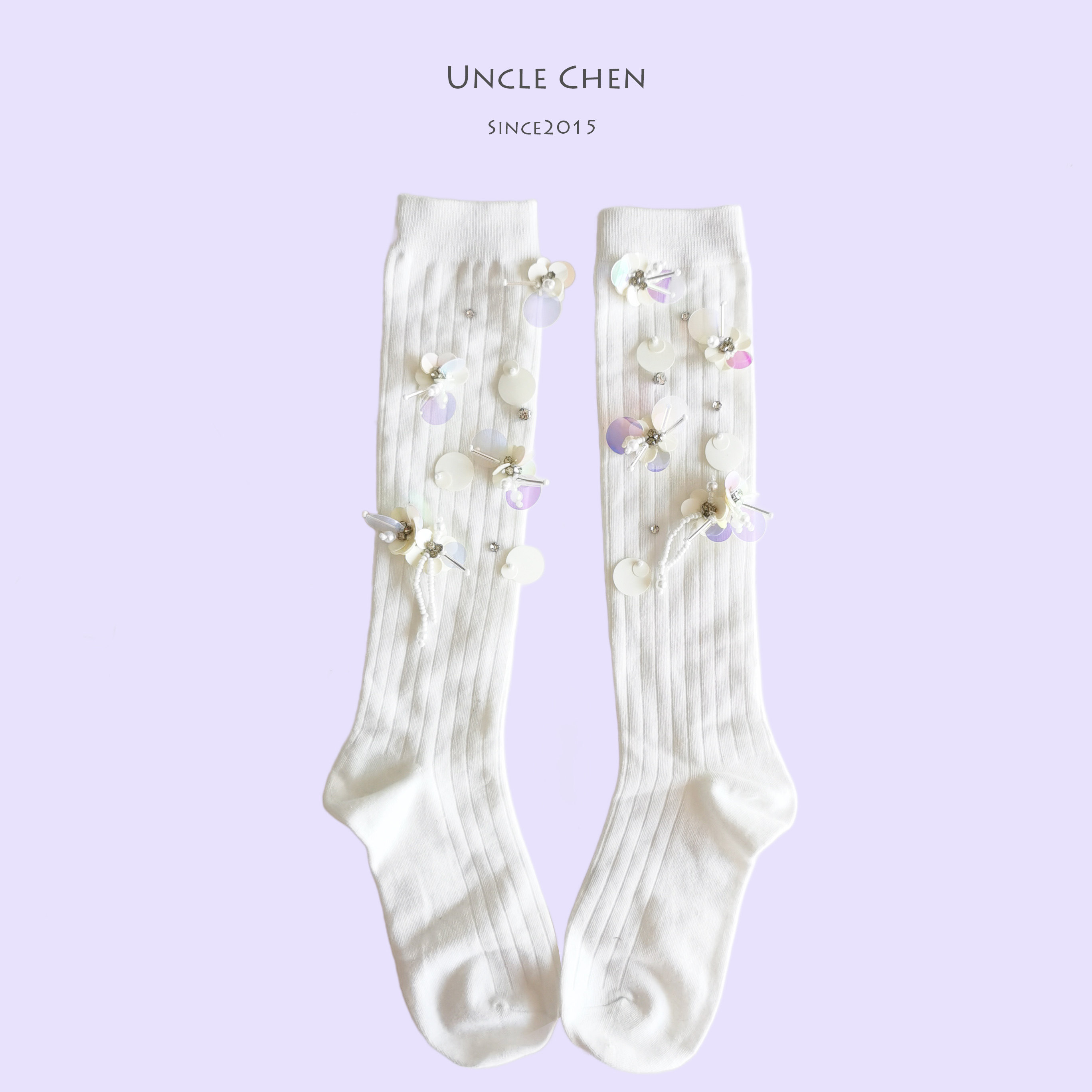 陈小叔手工原创长筒袜白色花朵装饰竖条纹女士中筒袜装饰袜膝下袜