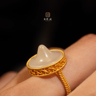 古珠新作18K黄金古法镶嵌老冰糖玛瑙乳钉戒指环复古个性女士手饰
