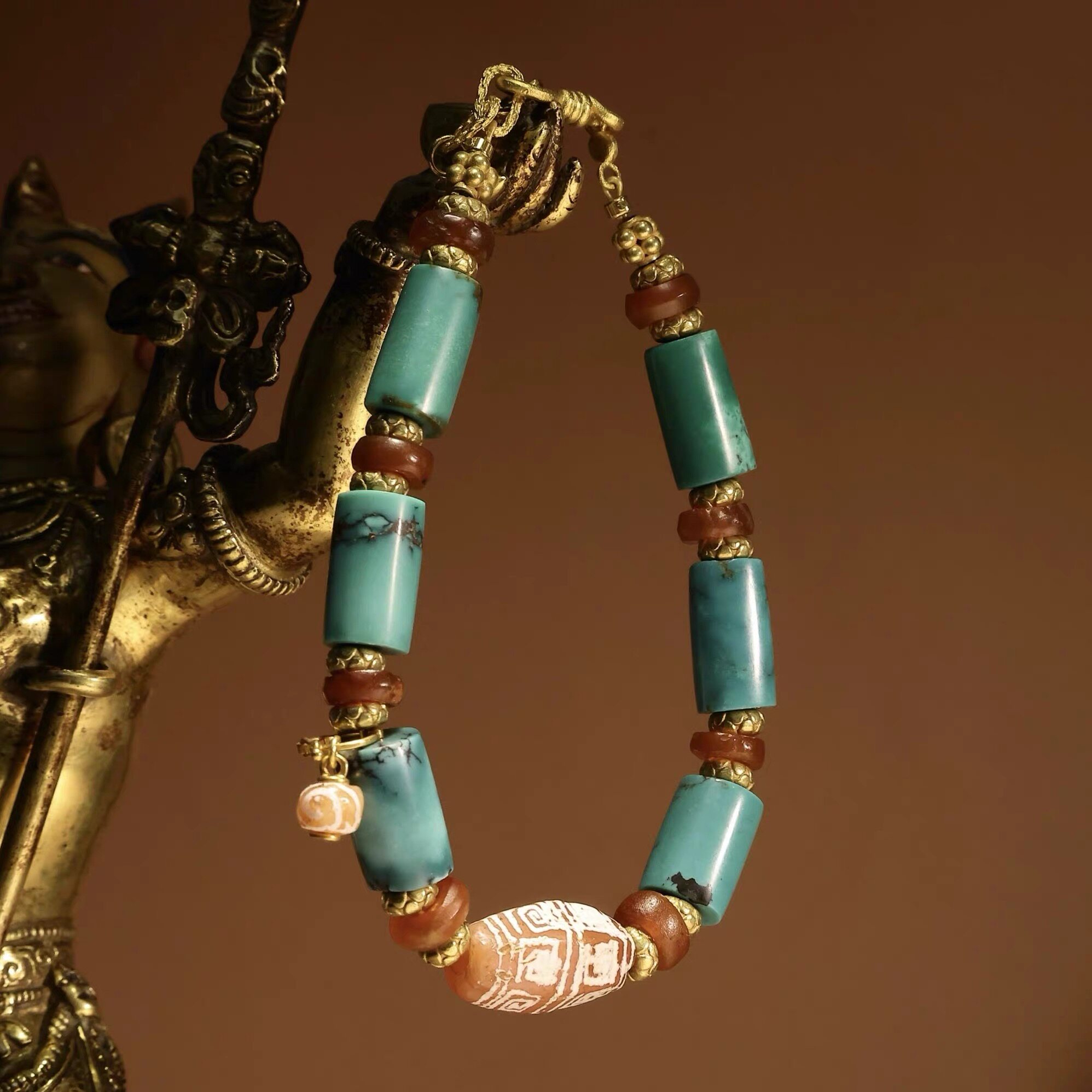 千年镶蚀红玉髓老绿松石饰品玛瑙古天珠灵性手串手链锁骨项链两用