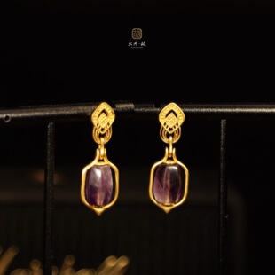 古法18K黄金原创设计千年紫水晶耳坠耳环女高级感耳钉古董珠饰品