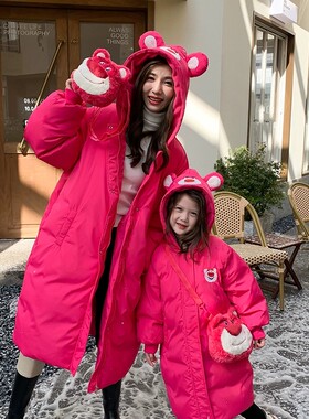 法国New Bility母女装草莓熊白鸭绒羽绒服冬季女童保暖长款外套潮