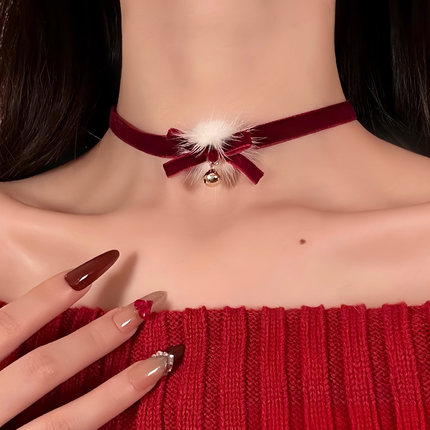 HEY TAO圣诞限定红色丝绒蝴蝶结choker项链秋冬纯欲气质颈链配饰
