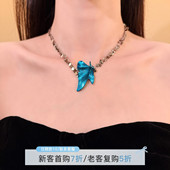 HEY TAO复古蓝色蝴蝶亮片流苏项链女款 小众设计感颈链配饰锁骨链