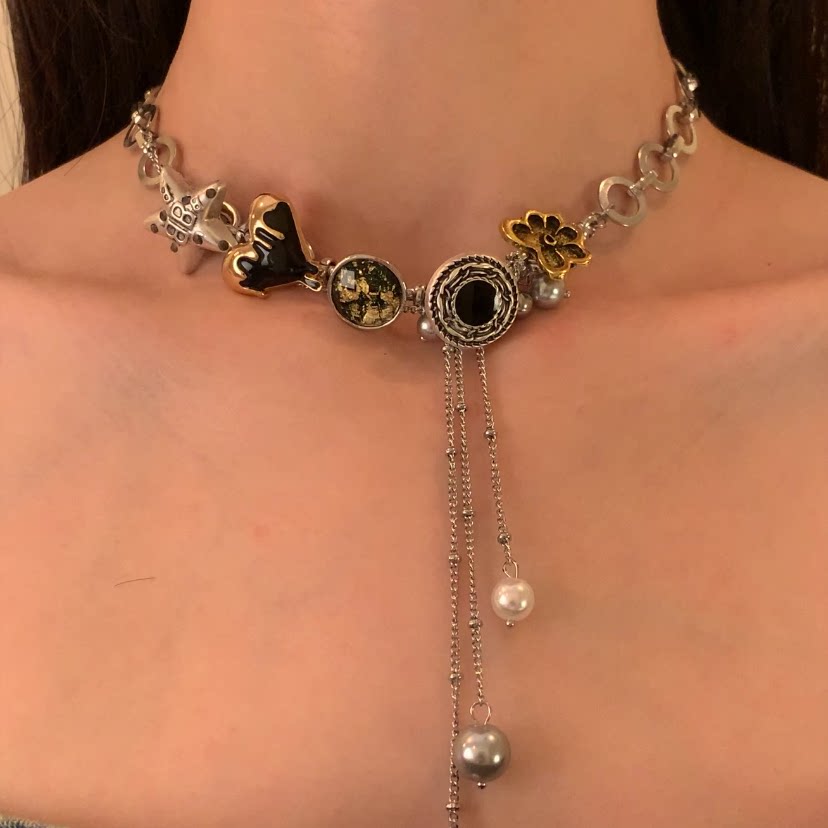 hey tao复古爱心纽扣项链女珍珠流苏锁骨链小众高级感脖颈链配饰