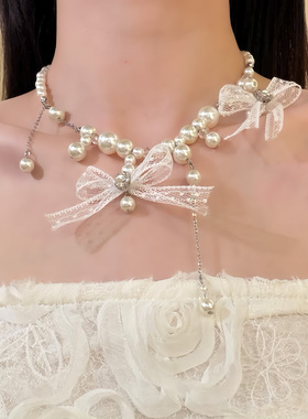 HEY TAO复古蕾丝蝴蝶结珍珠项链2026新款高级感颈链配饰锁骨链女