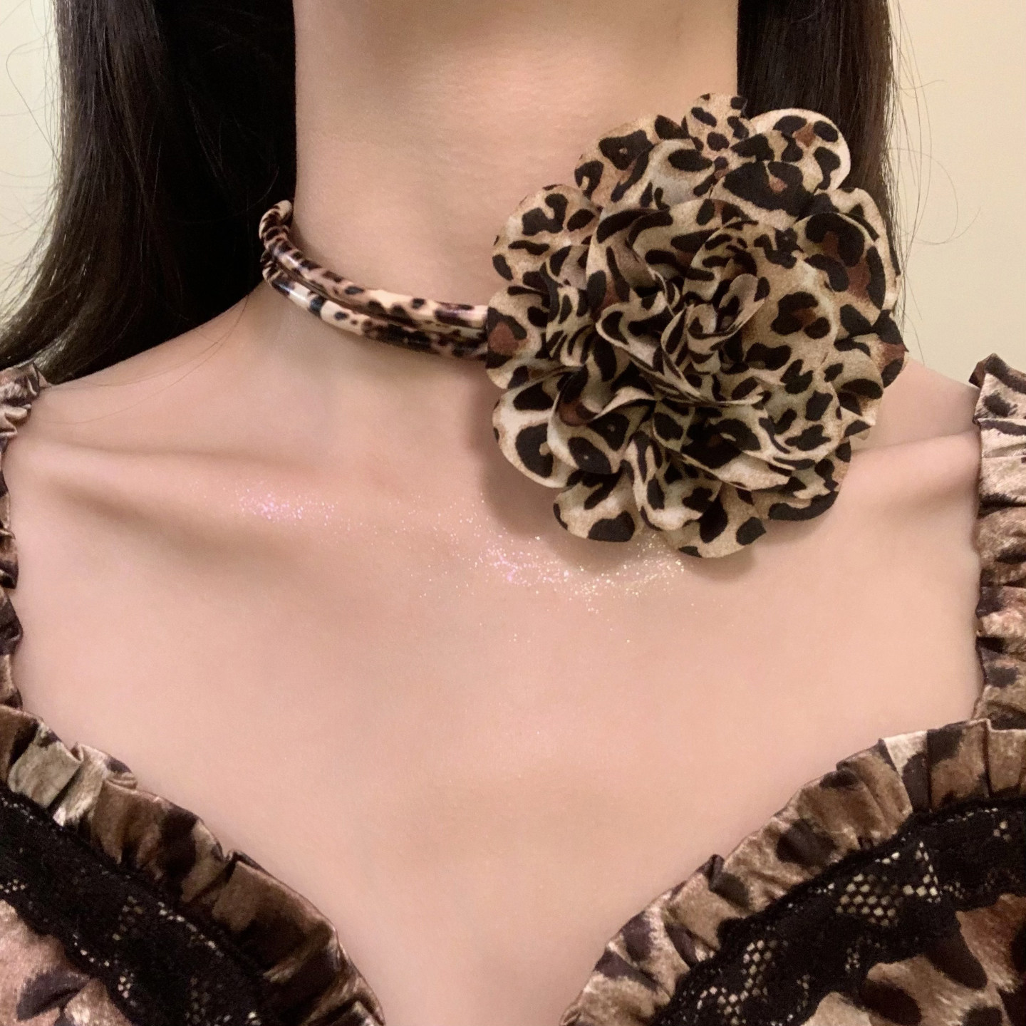 HEY TAO超大豹纹花朵choker多层叠戴项链女复古纯欲辣妹颈链项圈