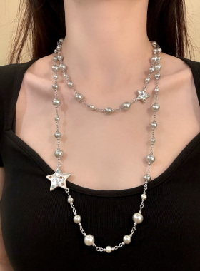 HEY TAO双层灰色珍珠星星叠戴项链女秋冬百搭气质毛衣链配饰颈链