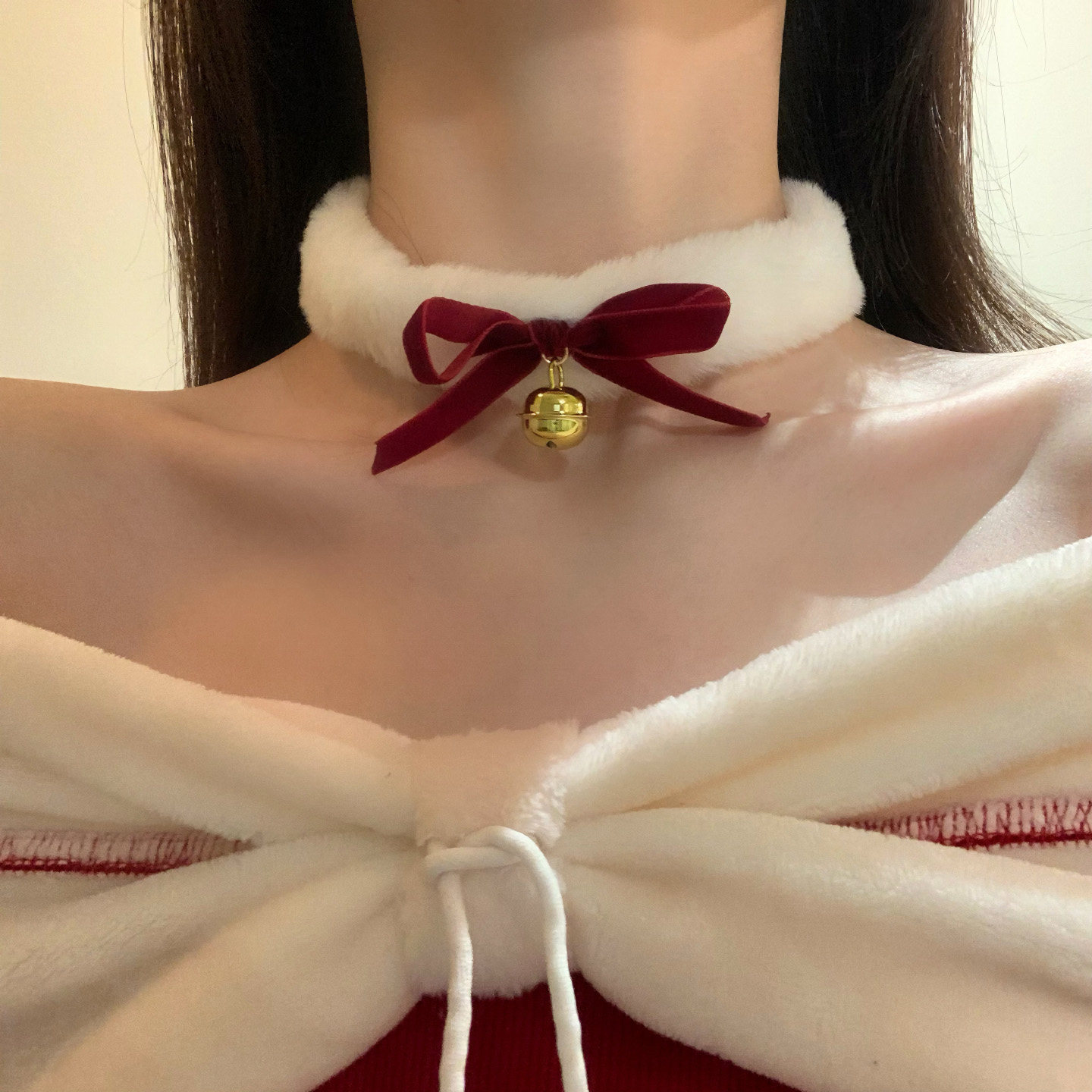 HEY TAO圣诞氛围感铃铛蝴蝶结毛绒choker项链女秋冬甜美气质颈链