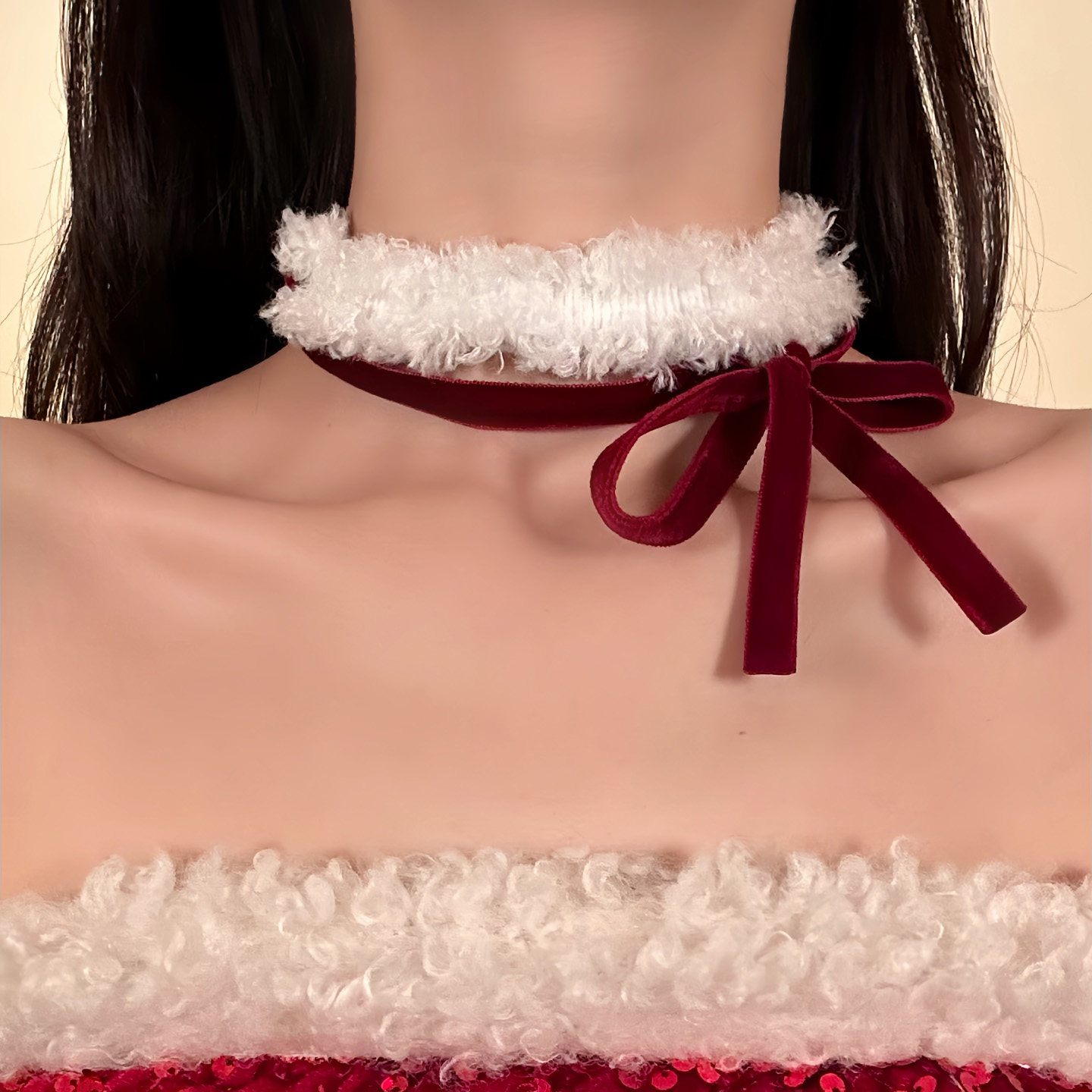 HEY TAO圣诞红色丝绒系带毛绒choker项圈秋冬氛围感颈带项链颈链