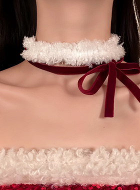 HEY TAO圣诞红色丝绒系带毛绒choker项圈秋冬氛围感颈带项链颈链