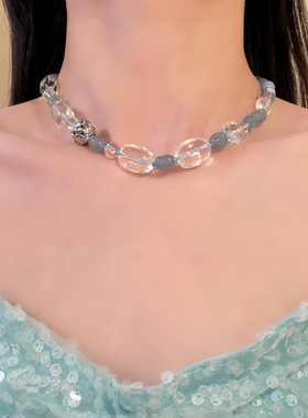 HEY TAO夏日清透感蓝色水晶串珠项链女时尚百搭高级感锁骨链颈链