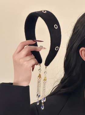 HEY TAO冬季复古黑色水钻毛绒发箍女百搭气质宫廷风宽边头箍发饰