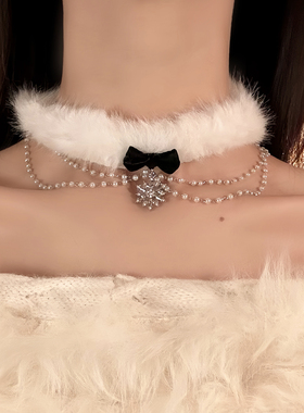 HEY TAO冬季雪花蝴蝶结白色毛绒choker项链女款甜美气质颈链配饰
