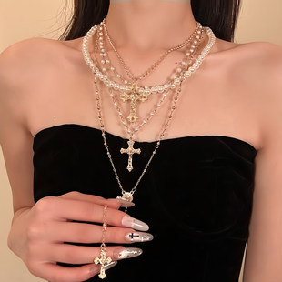 HEY TAO复古珍珠十字架吊坠项链女高级感多层叠戴颈链配饰锁骨链