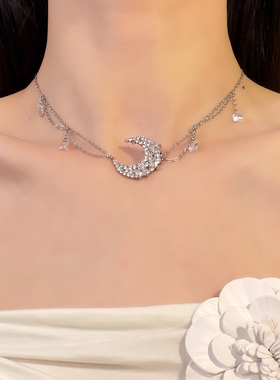 HEY TAO复古闪钻锆石月亮吊坠项链女款轻奢清冷感颈链配饰锁骨链