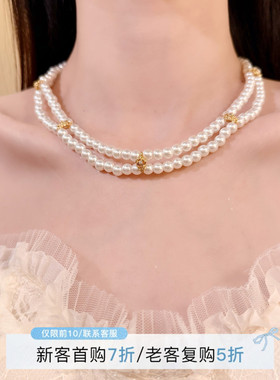 HEY TAO复古双层花朵珍珠项链轻奢气质叠戴choker颈链配饰锁骨链
