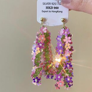 HEY TAO春夏森系亮片花朵流苏耳钉女超仙度假风耳环夸张气质耳饰