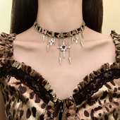 HEY TAO千禧辣妹风豹纹铆钉十字架choker项链女小众颈链项圈配饰