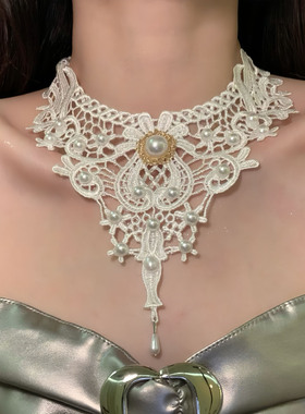 HEY TAO复古白色珍珠蕾丝choker宫廷风项链女小众高级感锁骨颈链