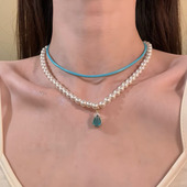 HEY TAO复古双层皮绳珍珠项链女宫廷风蓝宝石吊坠锁骨链气质颈链