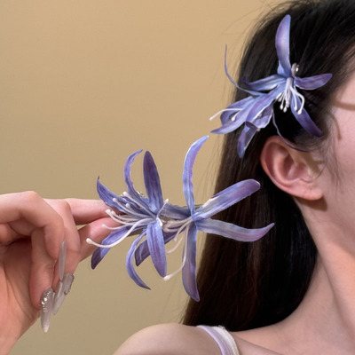 HEY TAO夏季纯欲风紫色花朵发夹女甜美气质侧边夹拍照氛围感头饰