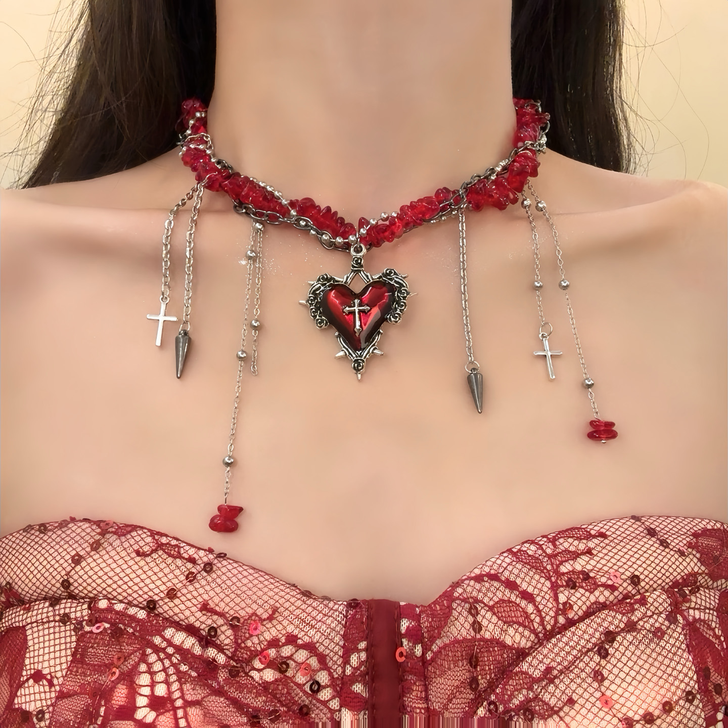 HEY TAO万圣节荆棘爱心十字架choker项链女款哥特朋克风辣妹颈链