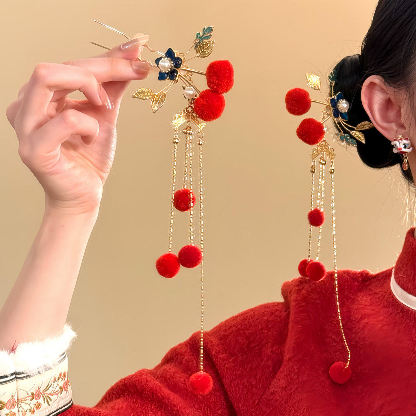 HEY TAO古风花朵毛球流苏发钗发饰新年喜庆红色新娘头饰盘发簪子,饰品/流行首饰/时尚饰品新,发饰,淘宝优惠券,粉丝福利购,淘宝优惠卷