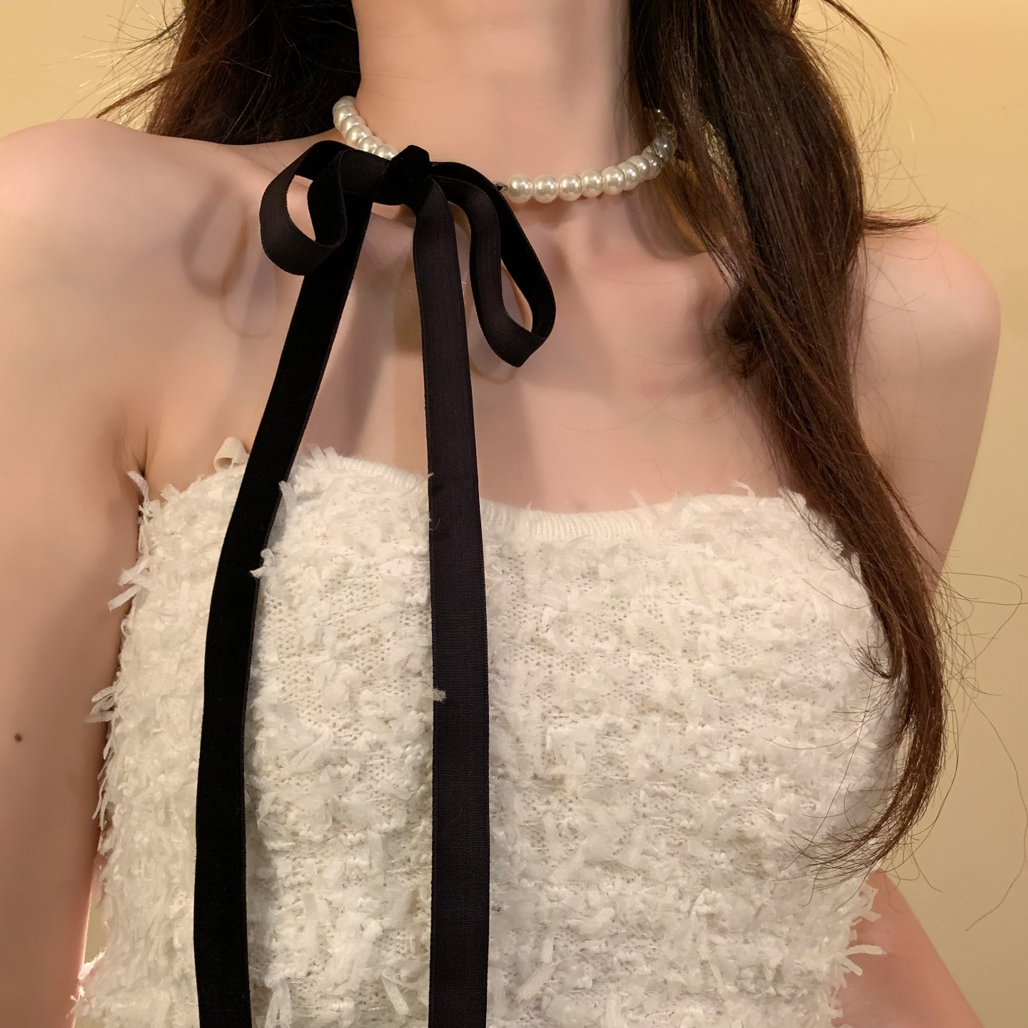 HEY TAO秋冬季丝绒丝带珍珠项链女时尚小香风气质颈链配饰锁骨链