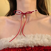 HEY TAO圣诞节纯欲红丝绒蝴蝶结蕾丝choker项链女氛围感项圈颈链