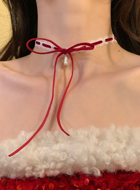 HEY TAO圣诞节纯欲红丝绒蝴蝶结蕾丝choker项链女氛围感项圈颈链
