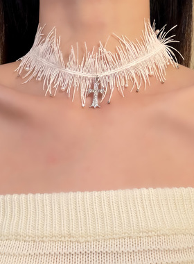 HEY TAO复古白色十字架蕾丝项圈choker颈链脖子配饰小众个性项链