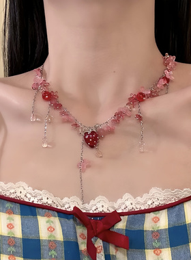 HEY TAO春夏甜美粉色花朵串珠项链小众设计感choker颈链配饰女