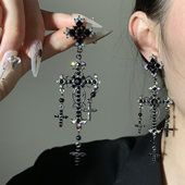 HEY TAO复古暗黑十字架耳钉女小众哥特辣妹耳环长款 流苏耳坠耳饰