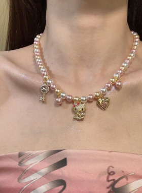 HEY TAO甜美复古闪钻Kt猫珍珠项链女时尚设计感颈链高级感锁骨链