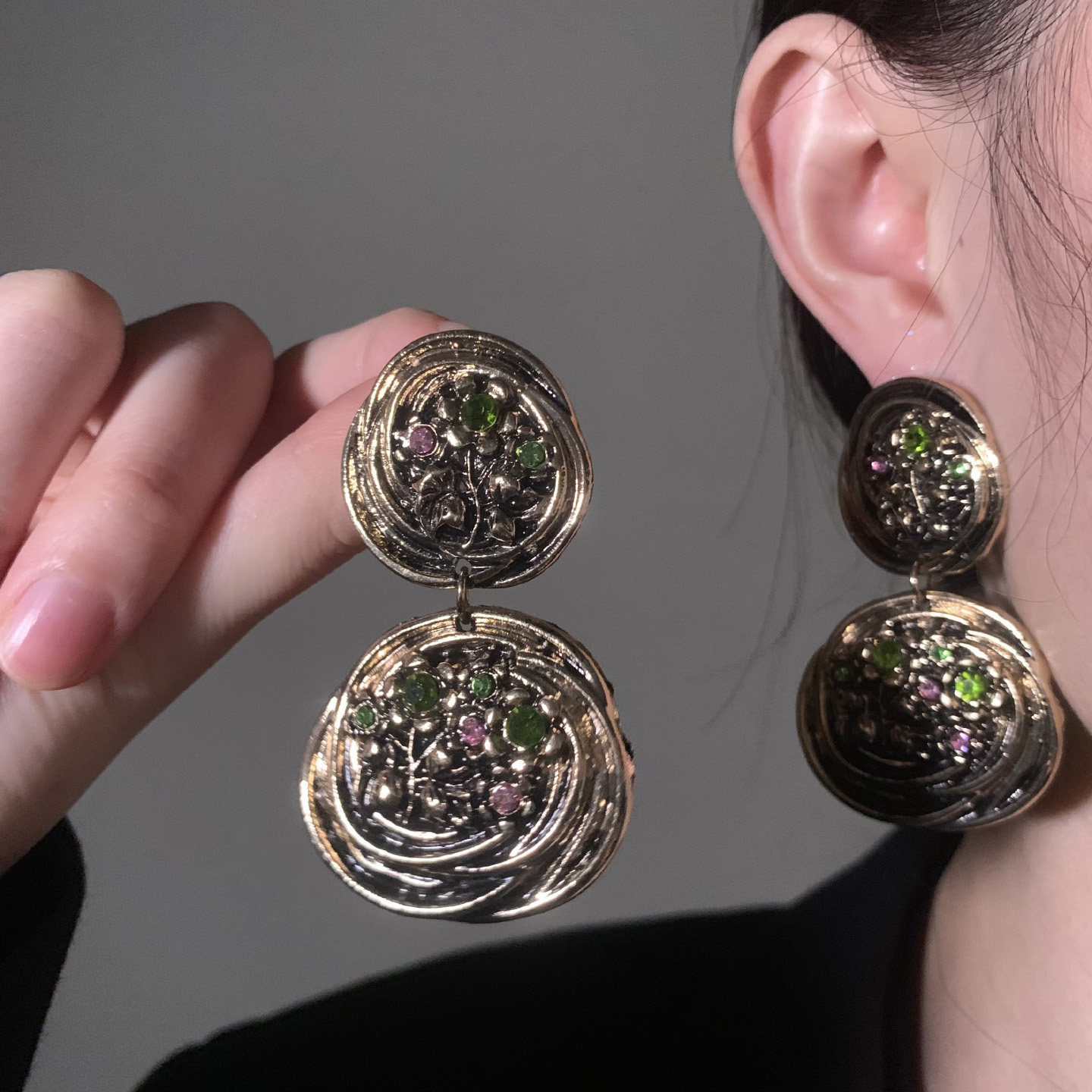 HEY TAO中古Vintage金属镶钻耳环女小众优雅气质耳钉复古轻奢耳饰