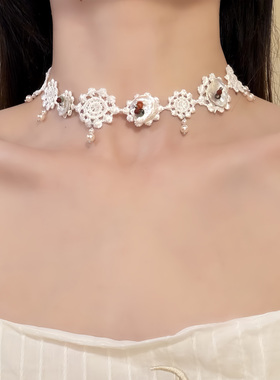 HEY TAO复古天然贝壳珍珠蕾丝choker颈带项链小众设计感项圈颈链