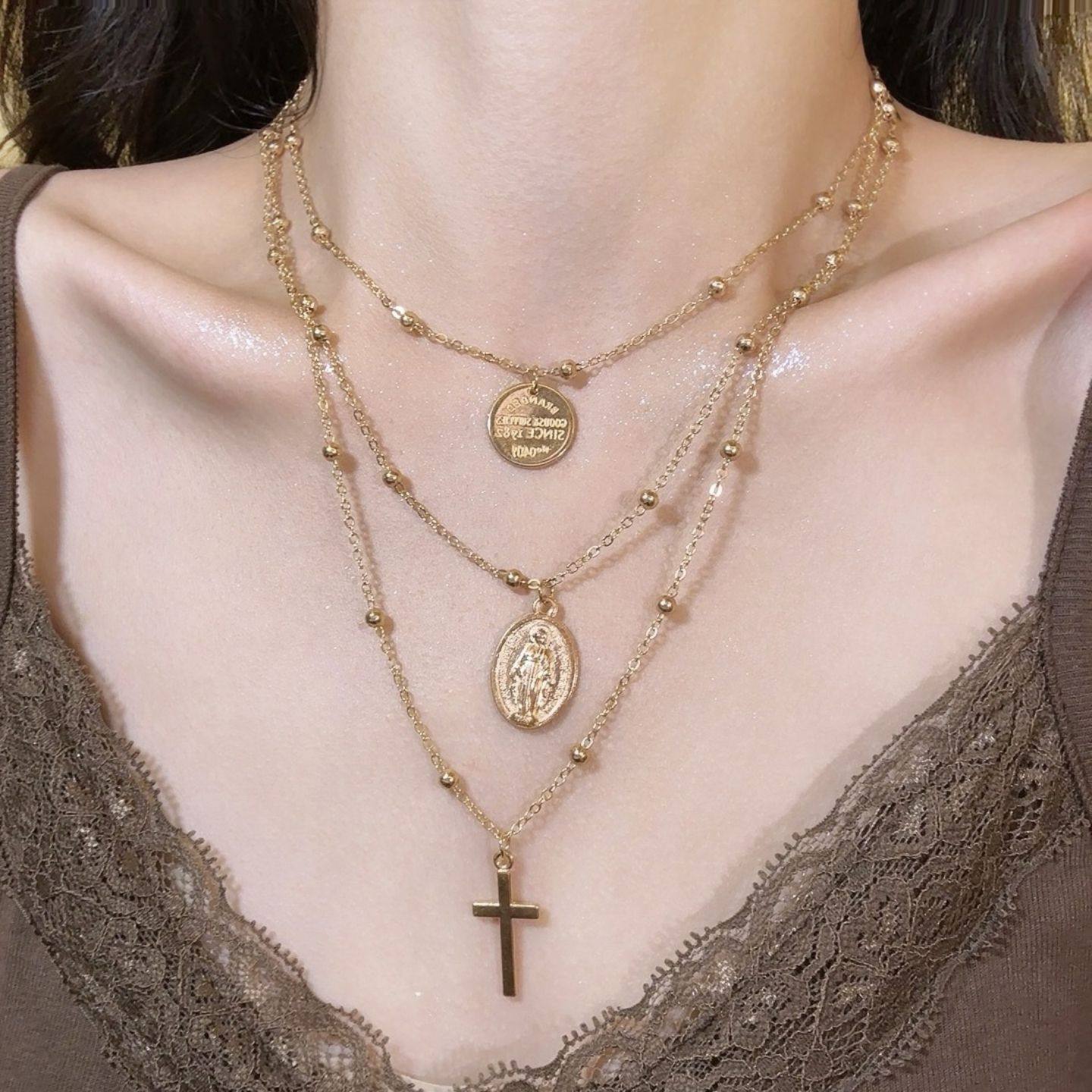 HEY TAO中古金色圆牌十字架吊坠项链女复古vintage多层叠戴锁骨链