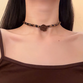 HEY TAO秋冬季 咖色豹纹丝绒花朵choker项链女小众高级感辣妹颈链