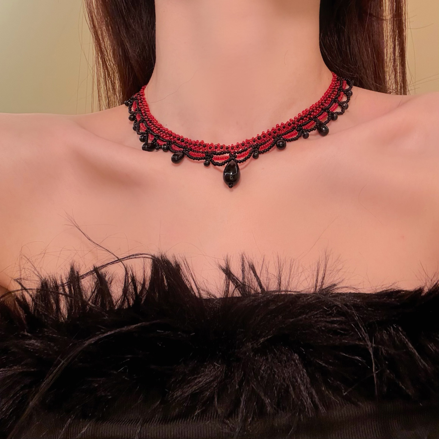HEY TAO复古黑红哥特风串珠蕾丝项链choker小众辣妹脖颈链配饰女