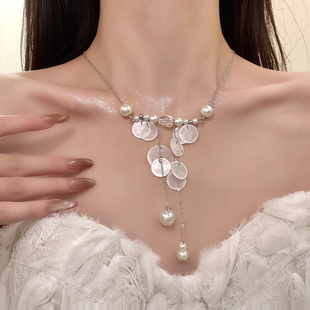 HEY TAO复古珍珠贝壳流苏拼接项链女款时尚设计感锁骨链配饰颈链