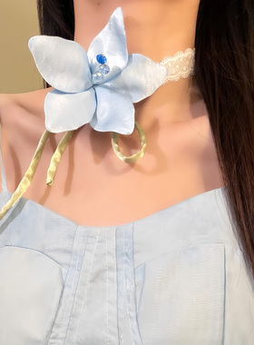 HEY TAO夏季蓝色花朵蕾丝项链女超仙度假风氛围感颈链配饰锁骨链