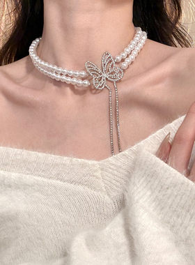HEY TAO蝴蝶双层珍珠项链choker轻奢高级感锁骨链宴会晚礼服颈链